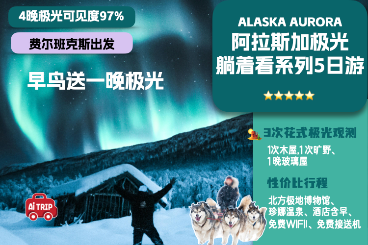 5 days | [⚡️Early Bird Special 95% off + Free 1 Night Aurora] [High-quality 14-person small group丨3 Aurora observations | SLR Aurora photography] US Travel Alaska Fairbanks Aurora Season + Various Snow Activities + City Tour + Chena Hot Springs
